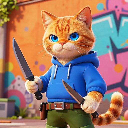 CGI illustration of an anthropomorphic orange tabby cat with large blue eyes, wearing a blue hoodie and green pants, holding two knives in an urban