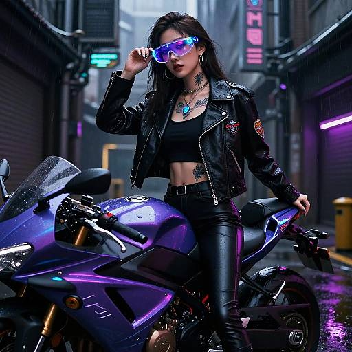 Cyberpunk photograph of a tattooed woman in a black leather jacket and pants, wearing neon sunglasses, sitting on a glowing purple motorcycle in a neon