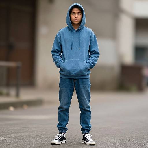 Photograph of a young Asian man standing on a city street, wearing a blue hoodie, jeans, and black-and-white sneakers, with hands in pockets