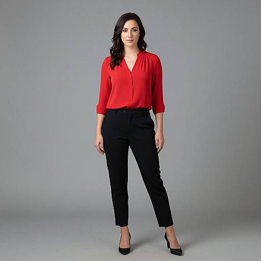 Photograph of a woman with wavy black hair, wearing a bright red blouse, black high-waisted pants, and black heels, standing against