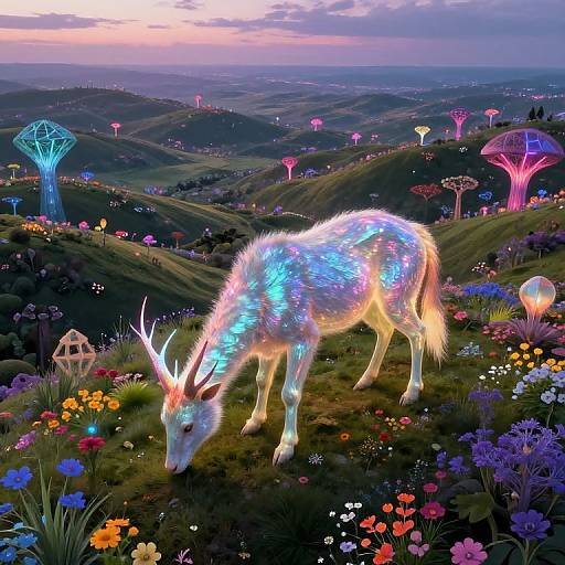 Fantastical digital illustration of a glowing, iridescent unicorn with blue and purple hues grazing in a vibrant, colorful meadow with futuristic, bi