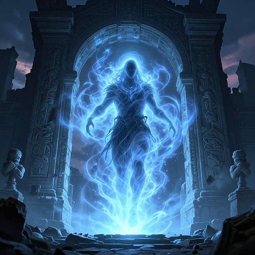 Mysterious, ethereal blue figure with glowing aura stands in ancient, ruins-filled archway, surrounded by swirling blue energy. Digital art.