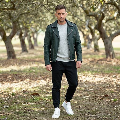 Stylish Man in Green Moto Jacket