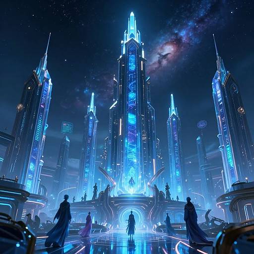 Digital artwork of a futuristic cityscape with glowing blue skyscrapers under a starry night sky, silhouetted figures in front.
