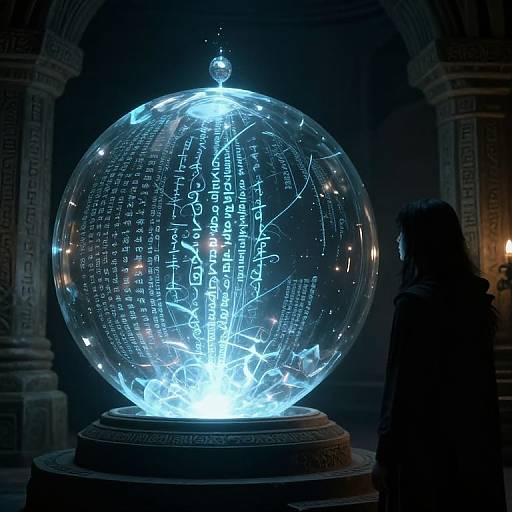 Photograph of a glowing, illuminated glass globe with white, neon-like text and intricate patterns, set against an ancient, dimly-lit stone arch