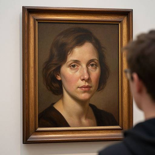 Photograph of a realistic, framed portrait painting of a woman with short brown hair and neutral expression, viewed by a man in glasses.