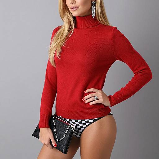 Woman in Red Turtleneck Sweater and Checkered Underwear