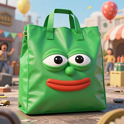 Photorealistic CGI of a green, glossy tote bag with large eyes, red nose, and red lips, standing on a sunny street festival with balloons