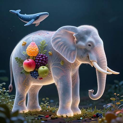 Digital art: Illuminated white elephant adorned with colorful fruits (apple, grapes, pineapple, banana) on back, with a dolphin flying above, set