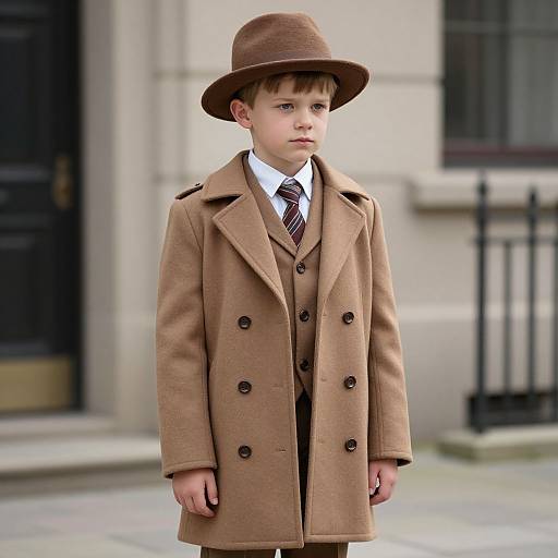 Photograph of a young boy with fair skin and brown hair, wearing a brown coat, matching hat, white shirt, and striped tie, standing outdoors