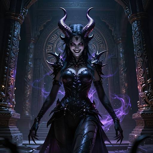 Digital artwork of a dark, demonic female figure with glowing purple eyes, black armor, and purple flames, standing in a mysterious, ornate, blue