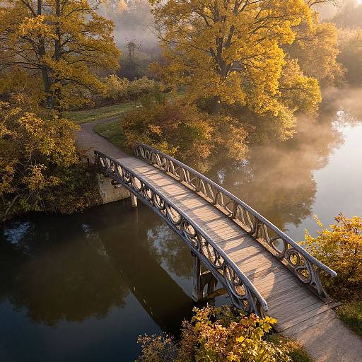Photograph of a wooden, iron-trimmed bridge over a misty, reflective lake, surrounded by vibrant autumn trees with golden leaves.