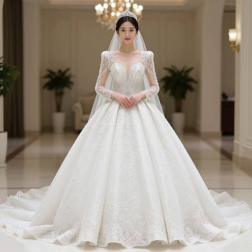 Photograph of an East Asian bride in an elegant white lace wedding gown with long sleeves, veil, and tiara, standing in a luxurious, well