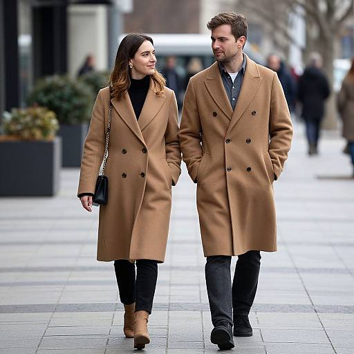 Couple Walking in Brown Coats