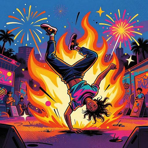 Vibrant digital artwork: Teenage boy, mid-backflip, engulfed in fiery explosion, surrounded by colorful fireworks, neon cityscape, and