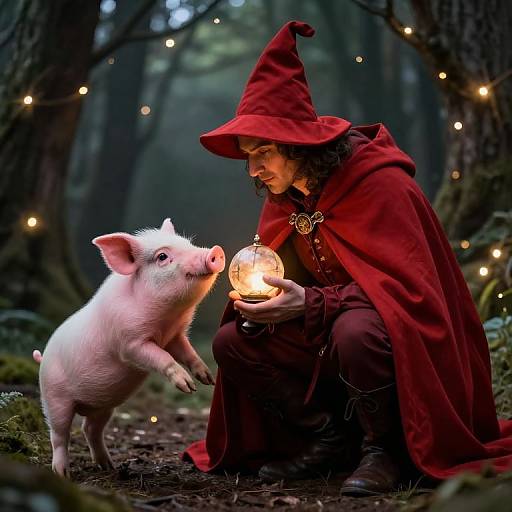 Photograph of a wizard in a red cloak and hat, holding a glowing orb, interacting with a curious pink piglet in a mystical forest adorned with