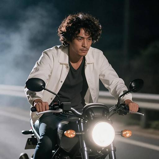 Night Rider: Curly-Haired Man on Motorcycle
