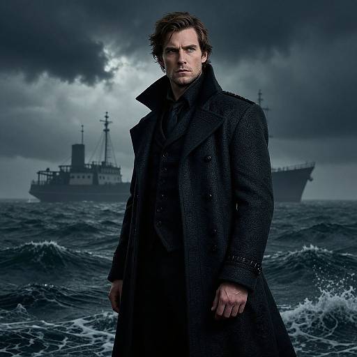 Photograph of a serious, dark-haired man in a black textured coat standing in stormy ocean waves, with a ship in the background under a cloudy