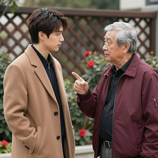 Two Men Engaged in Outdoor Conversation