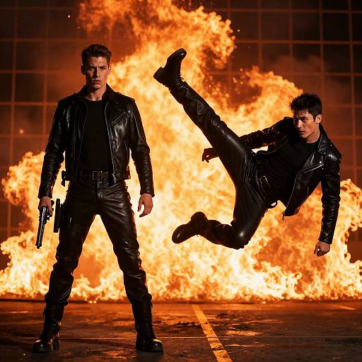 Dynamic Duel in Black Leather Suits