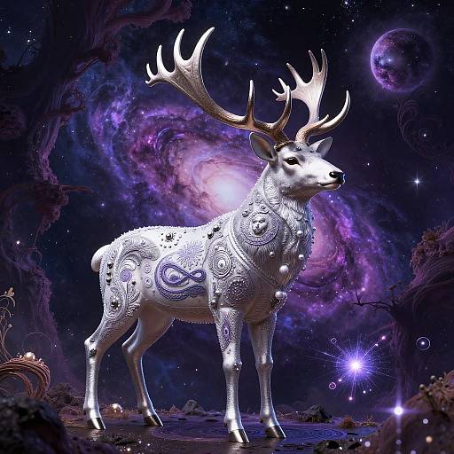 Digital artwork of a white, ornately patterned deer with large antlers standing in a cosmic galaxy, surrounded by stars, planets, and vibrant purple