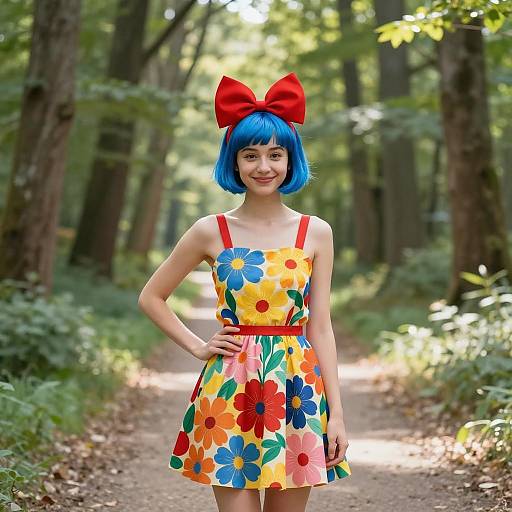 Young Woman in Colorful Floral Sundress on Forest Path