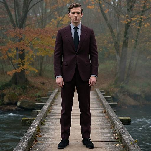Photograph of a serious, fair-skinned man in a dark brown suit, white shirt, and black tie standing on a wooden bridge in a mist