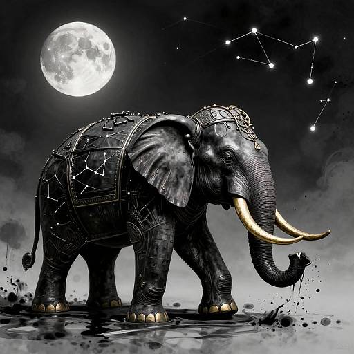 Digital artwork of a star- and constellation- patterned elephant with gold tusks, under a bright full moon, amidst a dark, starry sky