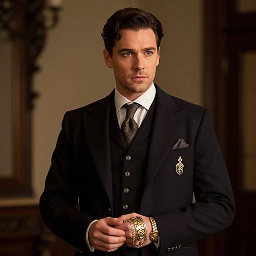 Photograph of a handsome, dark-haired man in a black three-piece suit, white shirt, and black tie, holding a gold wristwatch, with