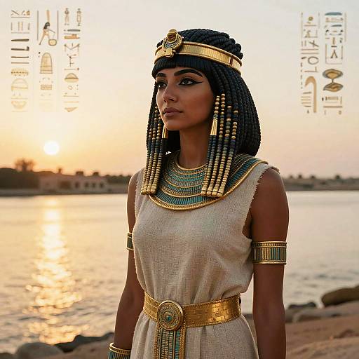 Photograph of an African woman in ancient Egyptian attire, with black braided hair, gold and turquoise jewelry, standing by a sunset-lit river.