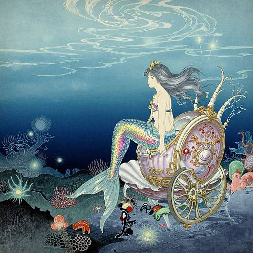 Digital illustration of a mermaid with long black hair and colorful scales, sitting on a golden ornate wheel, underwater with glowing sea creatures and coral.