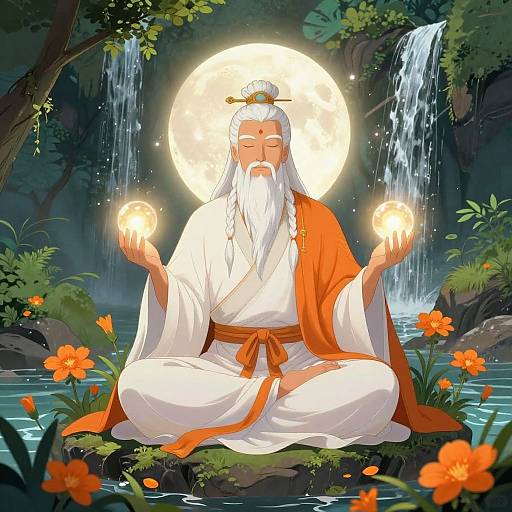 Mystical Sage Meditating by Waterfalls