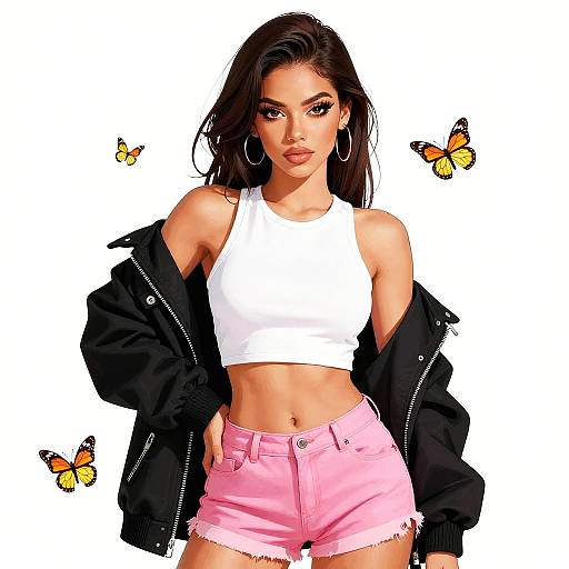 Photograph of a confident, attractive young woman with dark brown hair, wearing a white crop top, pink shorts, black jacket, and large hoop earrings