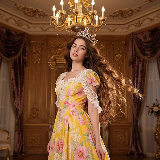 Elegant Woman in Ornate Floral Dress