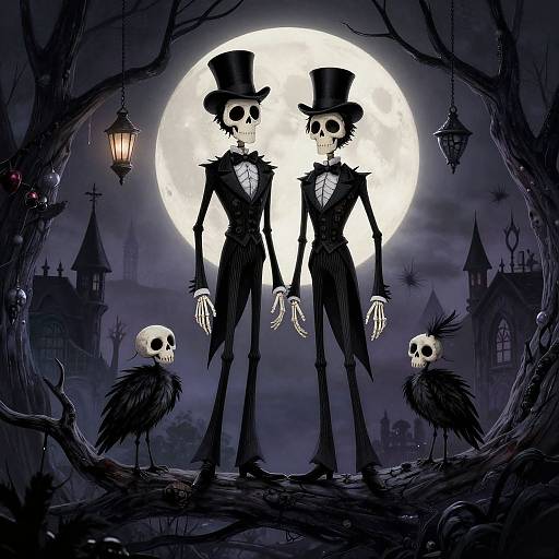 Digital art: Two tall, skeletal figures in black tuxedos and top hats, with glowing eyes, stand under a full moon. Flanking