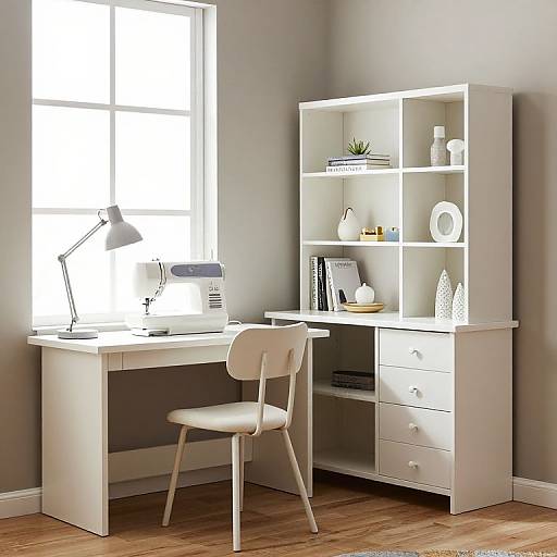 Photograph of a modern, minimalist white office corner with a desk, chair, lamp, bookshelf, and wooden floor, bathed in natural light