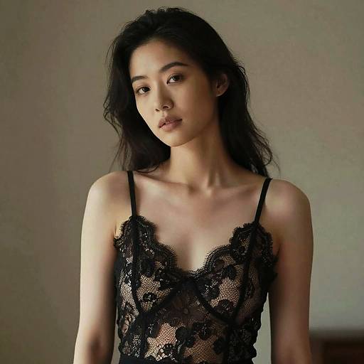 Photograph of an Asian woman with long black hair, wearing a sheer black lace camisole, against a plain, softly lit background.