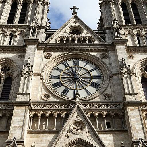 Photograph of a Gothic-style cathedral facade featuring a large, circular clock with black Roman numerals and ornate stone carvings. Bright blue sky