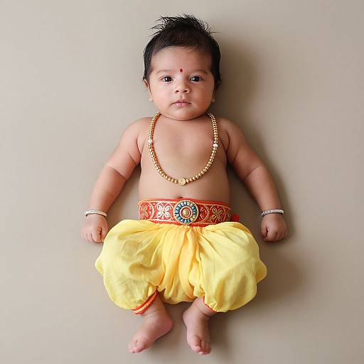Photograph of an Indian baby with dark hair, wearing a yellow skirt, beaded necklace, and ornate red belt, lying against a plain white