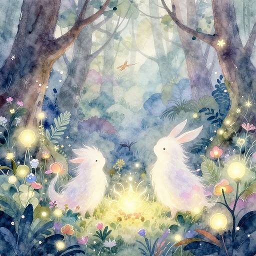 Whimsical watercolor painting of two glowing white rabbits amidst a magical forest filled with vibrant flowers, twinkling lights, and towering trees.