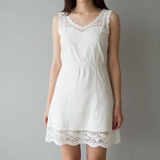 Photograph of a young woman with light skin, wearing a sleeveless, white, lace-trimmed dress, standing against a plain gray background.