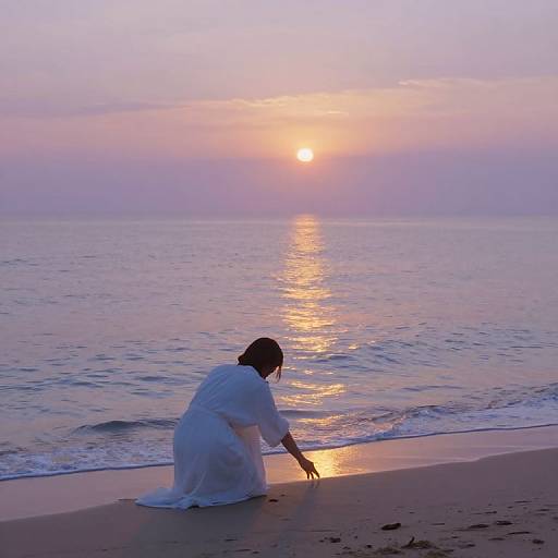 Silhouetted woman in white dress kneels on beach, touching water at sunset, with golden sun reflection on calm ocean.