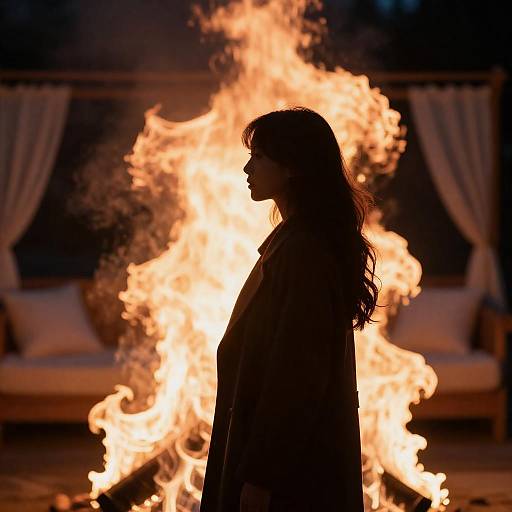 Fiery Silhouette of Woman in Dark Coat