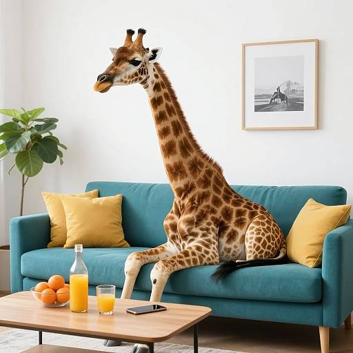 Photograph of a realistic giraffe sitting on a turquoise couch in a modern living room, with orange juice, oranges, and a potted plant in