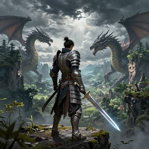 Digital fantasy art: armored warrior with sword, back to viewer, facing two menacing dragons in a misty, mountainous forest landscape.