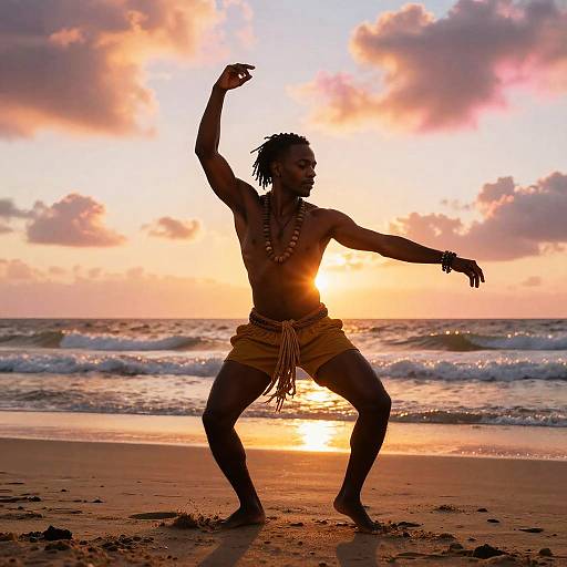 Photograph of a silhouetted African man with dreadlocks, wearing yellow loincloth and beaded necklace, dancing on a beach at sunset
