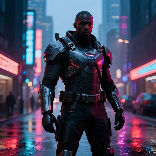Photorealistic CGI of a muscular Black man in futuristic, armored suit with glowing red chest emblem, standing in a neon-lit, rainy city street