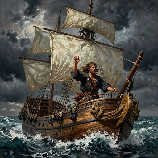Digital painting of a rugged bearded pirate with wild hair, waving from a stormy wooden ship with billowing sails, against turbulent waves and dark,