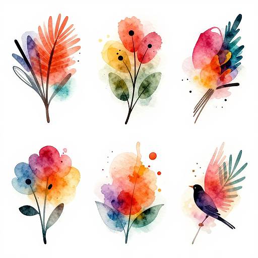 Watercolor painting of six vibrant, abstract flowers and birds, featuring reds, oranges, blues, and greens, on a white background.