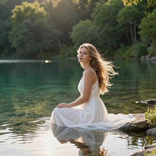 Photograph of a young woman with long, wavy blonde hair, wearing a flowing white dress, sitting in a serene forest lake, sunlight reflecting on